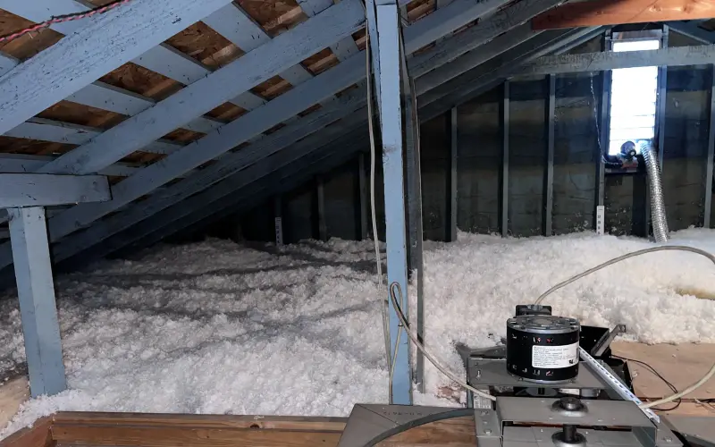 Fresh blown-in insulation in an attic